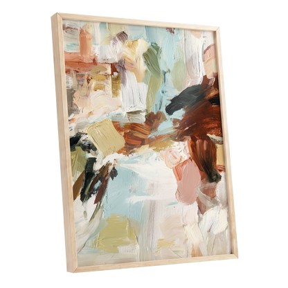 Quiet Earth in Blue, blue, white, brown abstract wall art shown as a oak framed poster wall art print