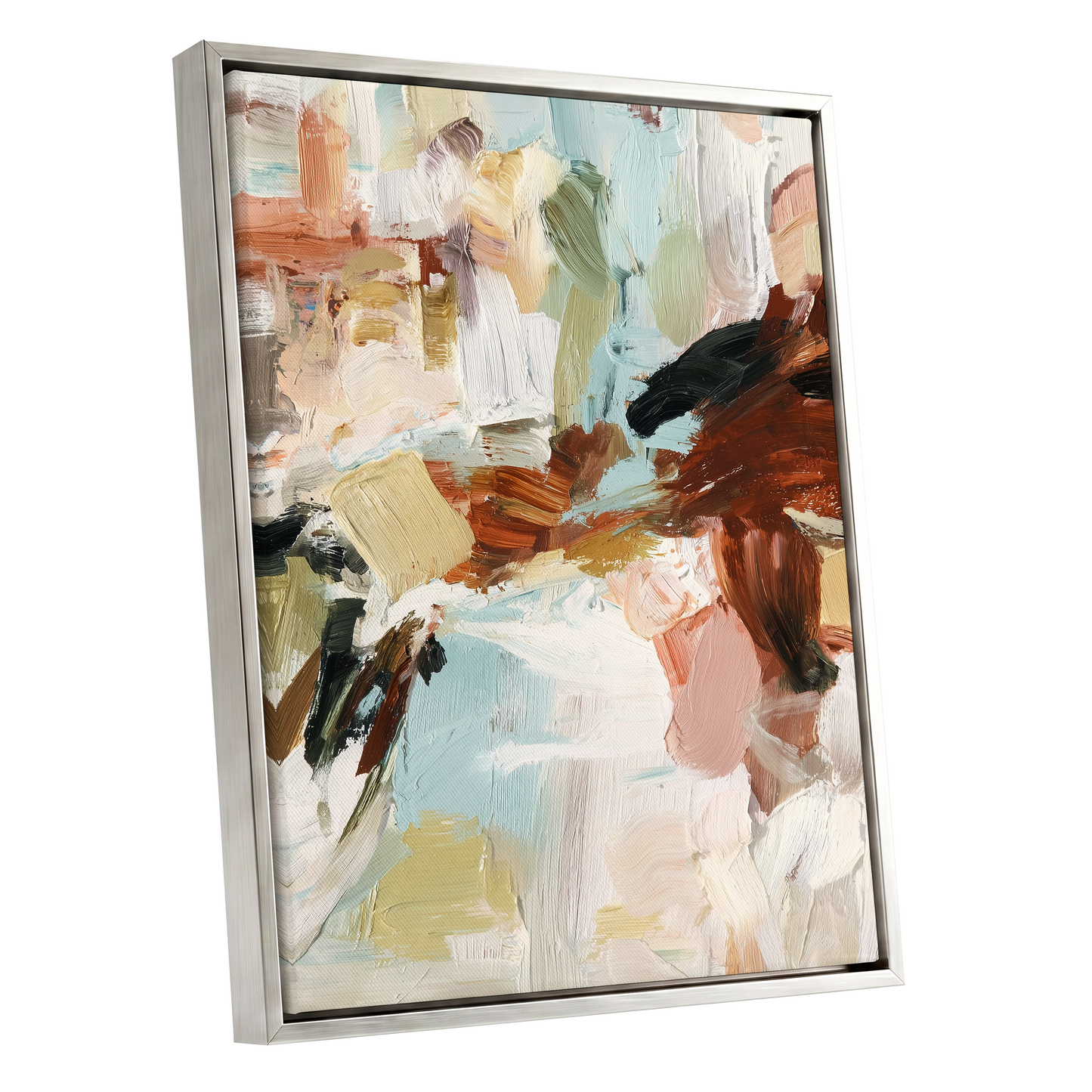 Quiet Earth in Blue, blue, white, brown abstract wall art shown as a silver framed canvas wall art