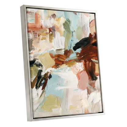 Quiet Earth in Blue, blue, white, brown abstract wall art shown as a silver framed canvas wall art