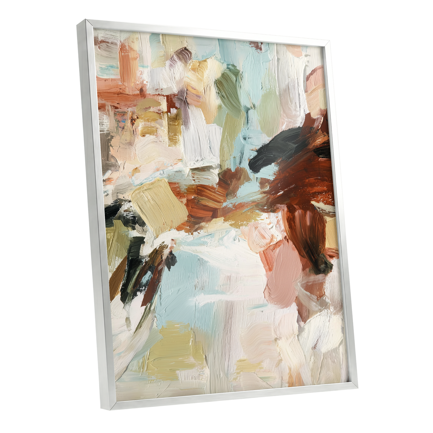 Quiet Earth in Blue, blue, white, brown abstract wall art shown as a silver framed poster wall art print