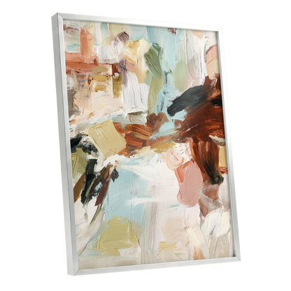 Quiet Earth in Blue, blue, white, brown abstract wall art shown as a silver framed poster wall art print