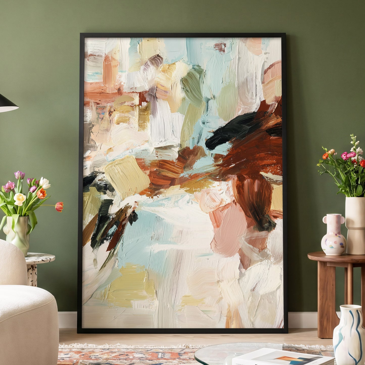 Quiet Earth in Blue, blue, white, brown abstract wall art displayed in a styled interior, gallery view 2