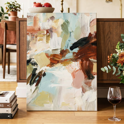 Quiet Earth in Blue, blue, white, brown abstract wall art displayed in a styled interior, gallery view 3