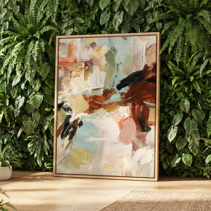 Quiet Earth in Blue, blue, white, brown abstract wall art displayed in a styled interior, gallery view 4