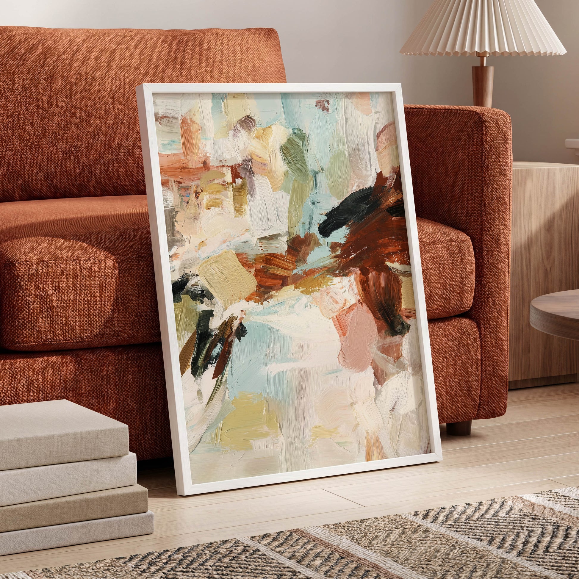 Quiet Earth in Blue, blue, white, brown abstract wall art displayed in a styled interior, gallery view 6