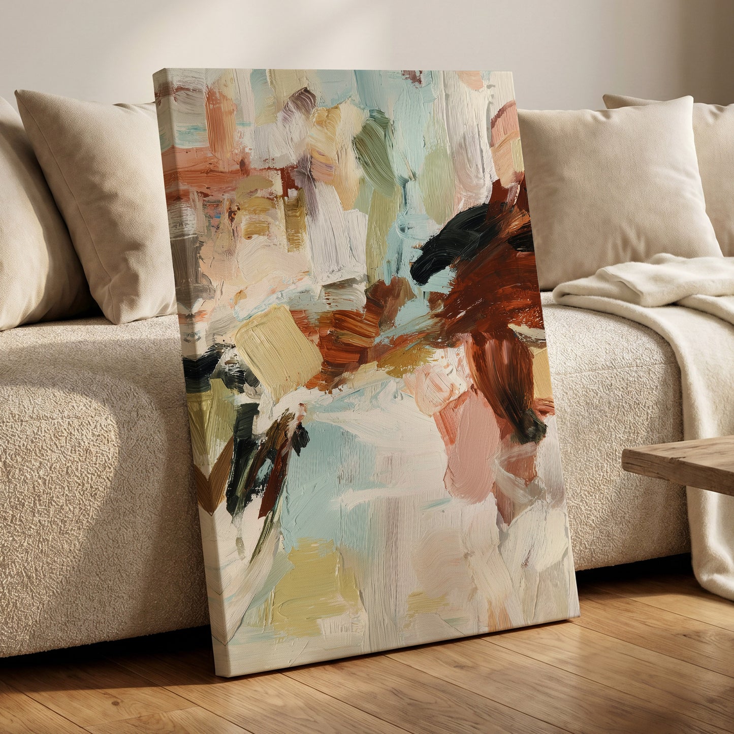 Quiet Earth in Blue, blue, white, brown abstract wall art displayed in a styled interior, gallery view 7