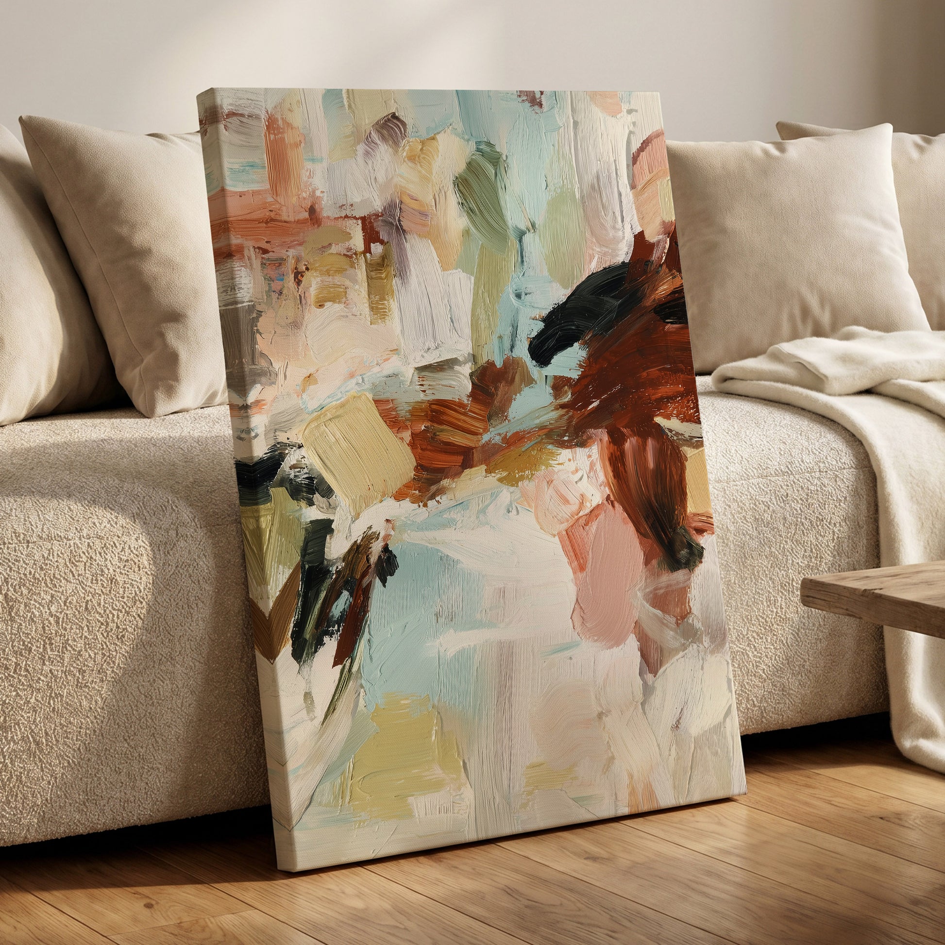 Quiet Earth in Blue, blue, white, brown abstract wall art displayed in a styled interior, gallery view 7