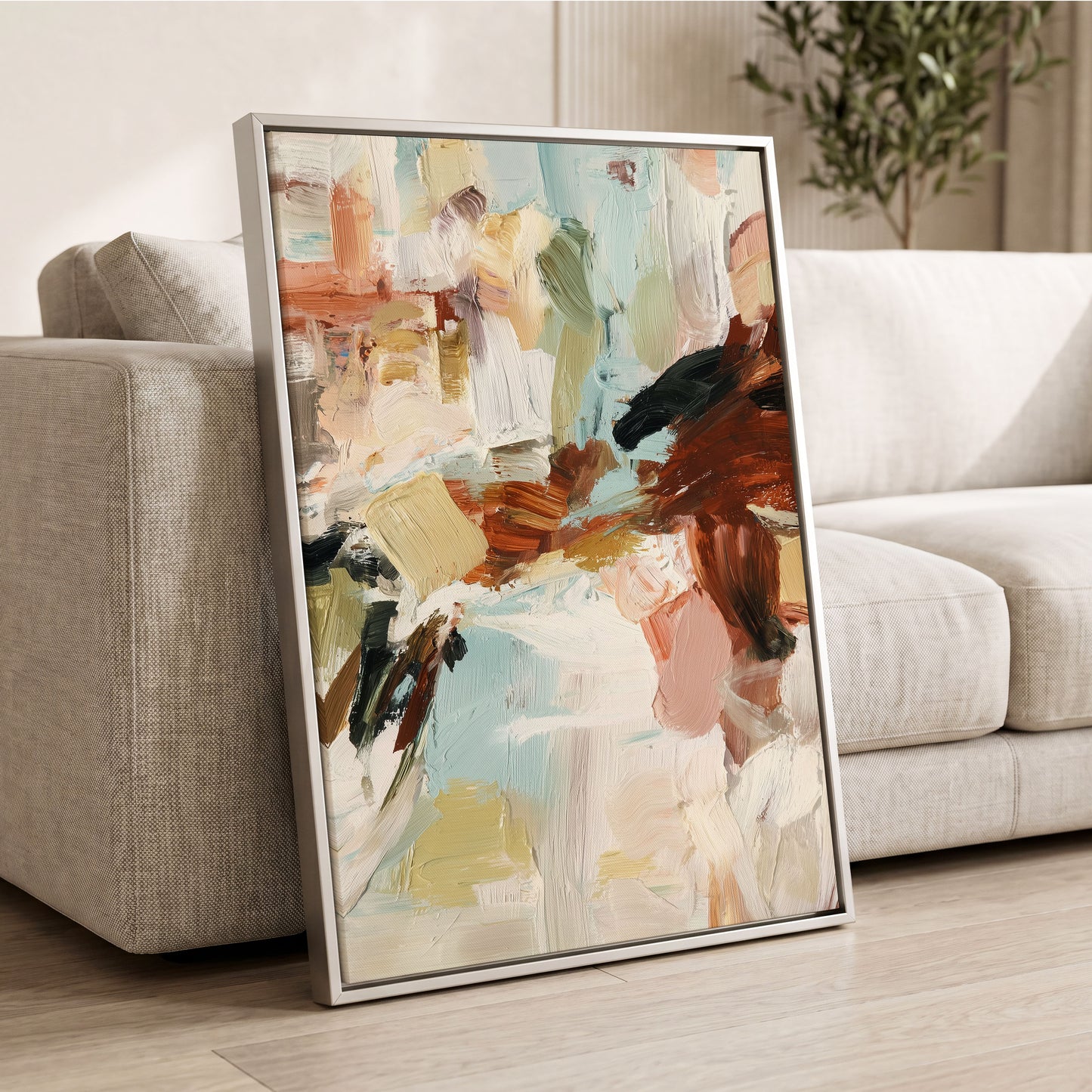 Quiet Earth in Blue, blue, white, brown abstract wall art displayed in a styled interior, gallery view 8