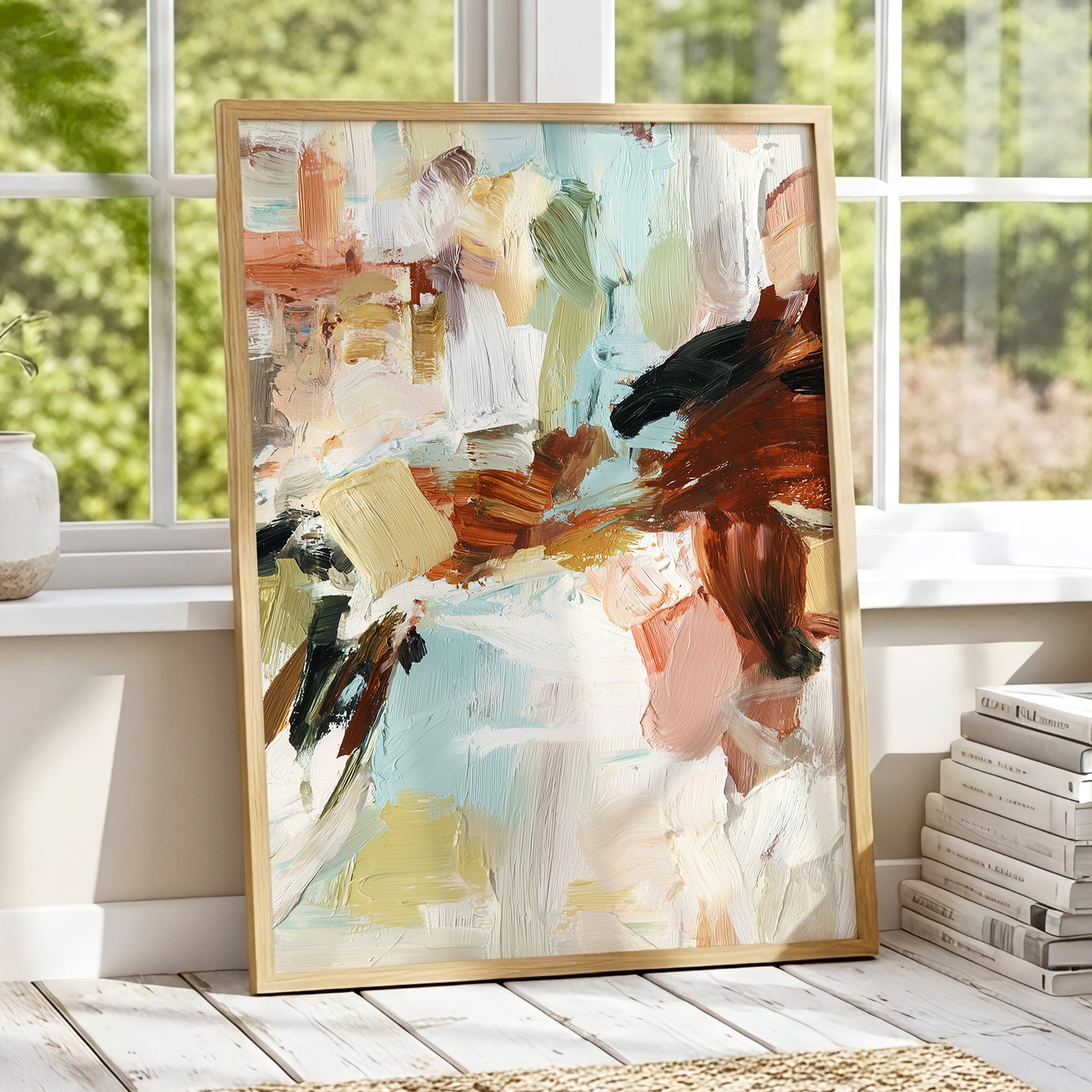 Quiet Earth in Blue, blue, white, brown abstract wall art displayed in a styled interior, gallery view 9