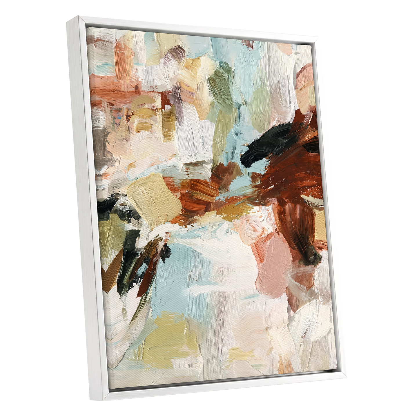 Quiet Earth in Blue, blue, white, brown abstract wall art shown as a white framed canvas wall art