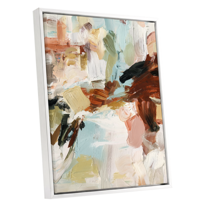 Quiet Earth in Blue, blue, white, brown abstract wall art shown as a white framed canvas wall art