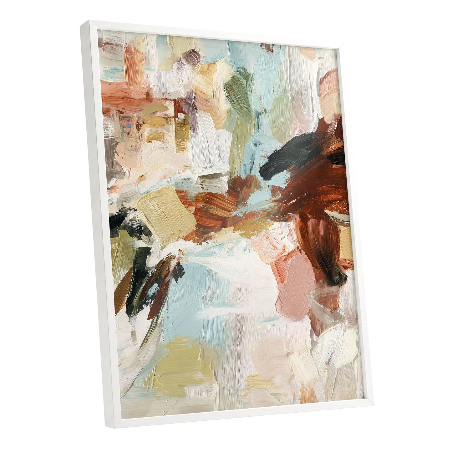 Quiet Earth in Blue, blue, white, brown abstract wall art shown as a white framed poster wall art print