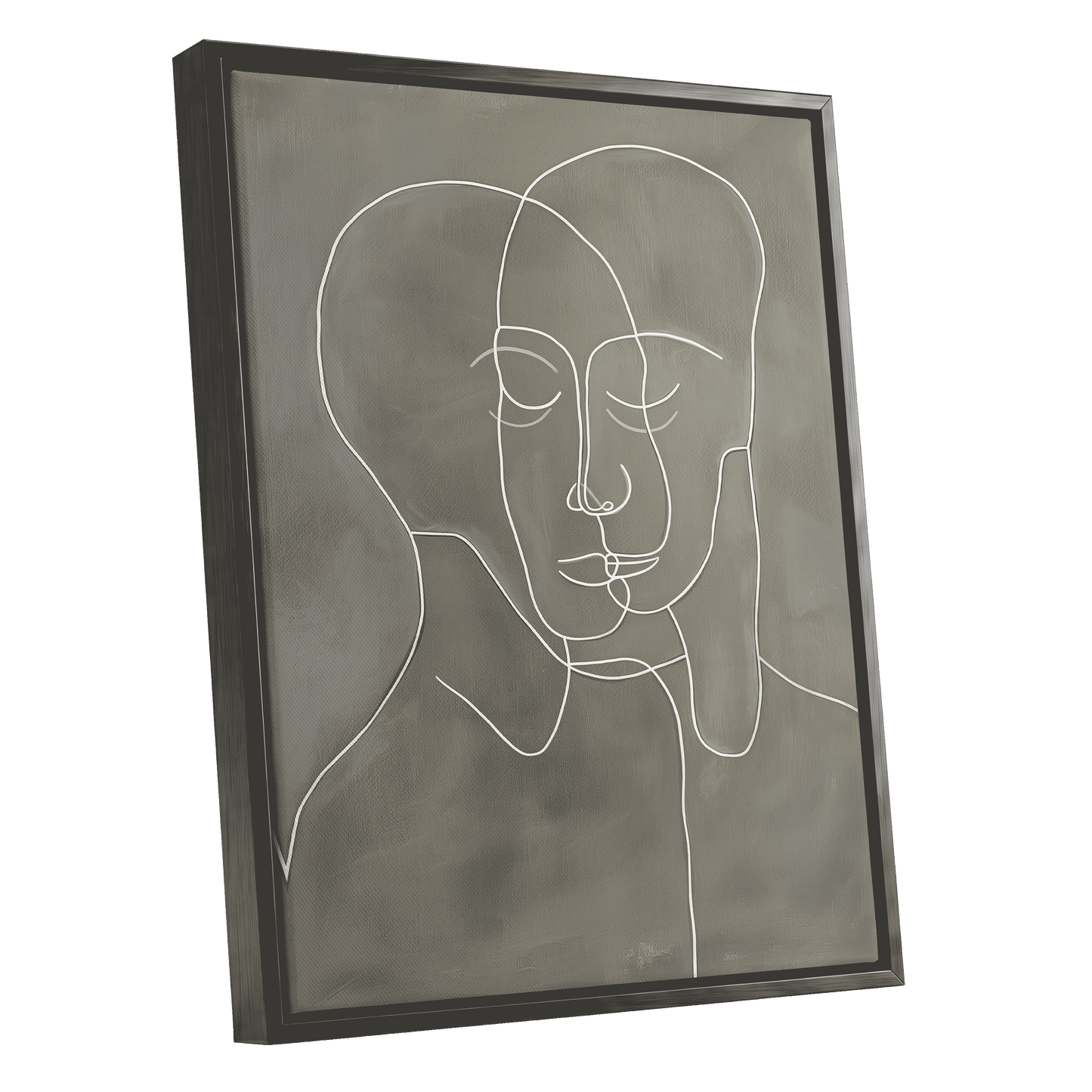 Quiet Entwined, white, gray minimalist wall art shown as a black framed canvas wall art