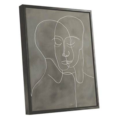 Quiet Entwined, white, gray minimalist wall art shown as a black framed canvas wall art