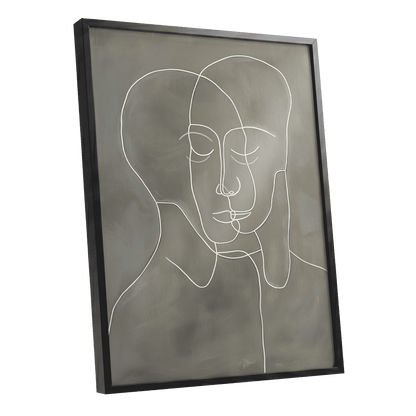 Quiet Entwined, white, gray minimalist wall art shown as a black framed poster wall art print