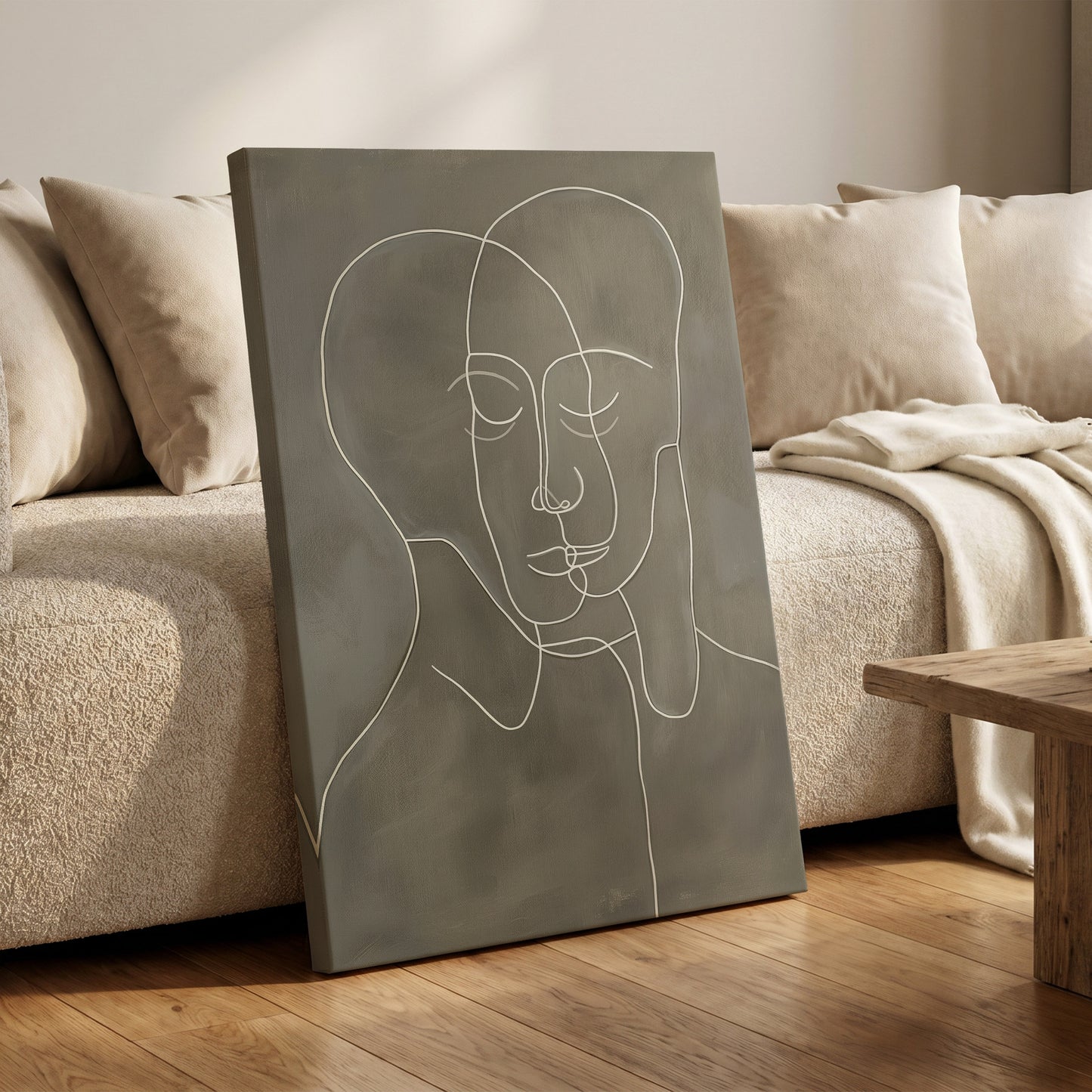 Quiet Entwined, white, gray minimalist wall art on canvas displayed in a styled interior, gallery view 1