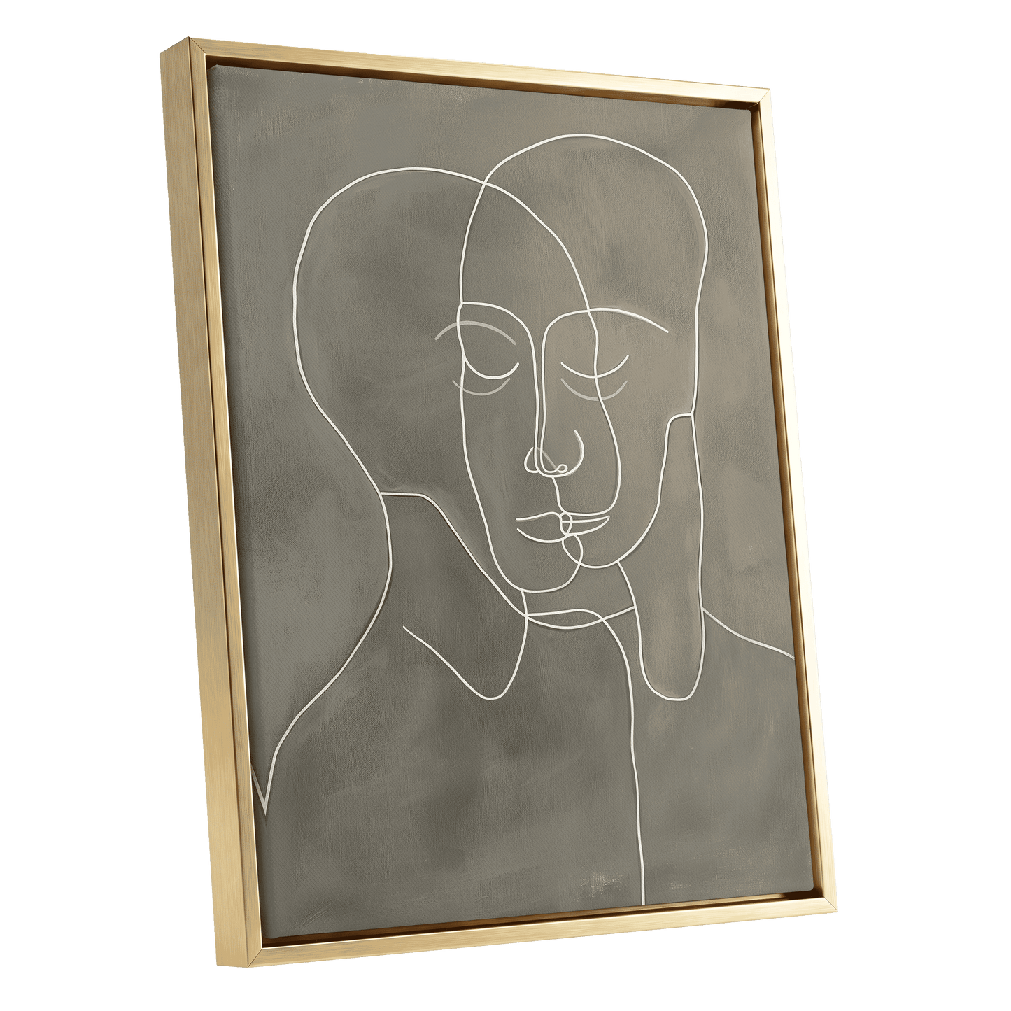 Quiet Entwined, white, gray minimalist wall art shown as a gold framed canvas wall art