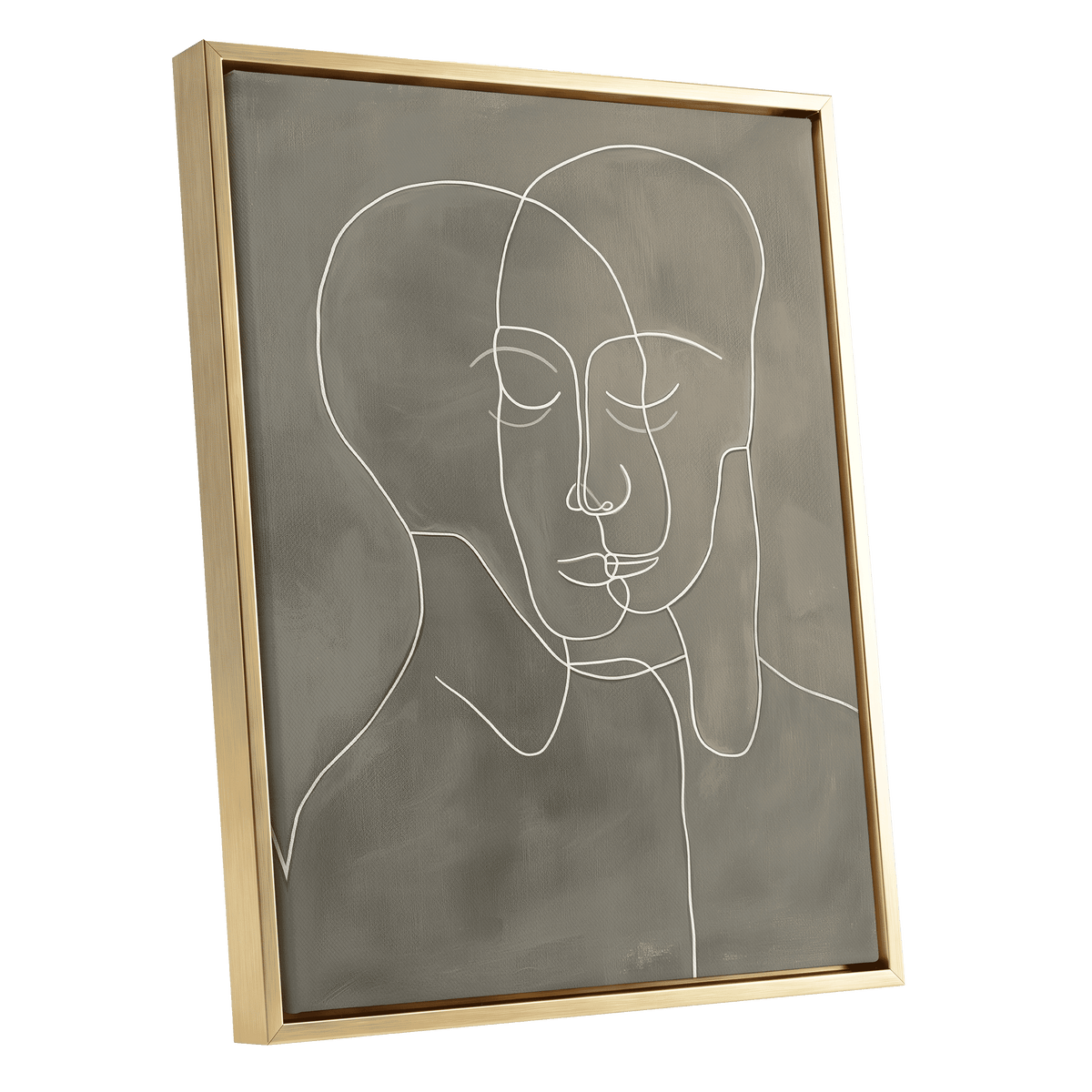 Quiet Entwined, white, gray minimalist wall art shown as a gold framed canvas wall art