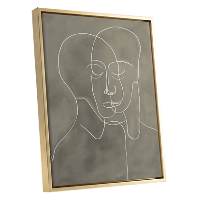 Quiet Entwined, white, gray minimalist wall art shown as a gold framed canvas wall art