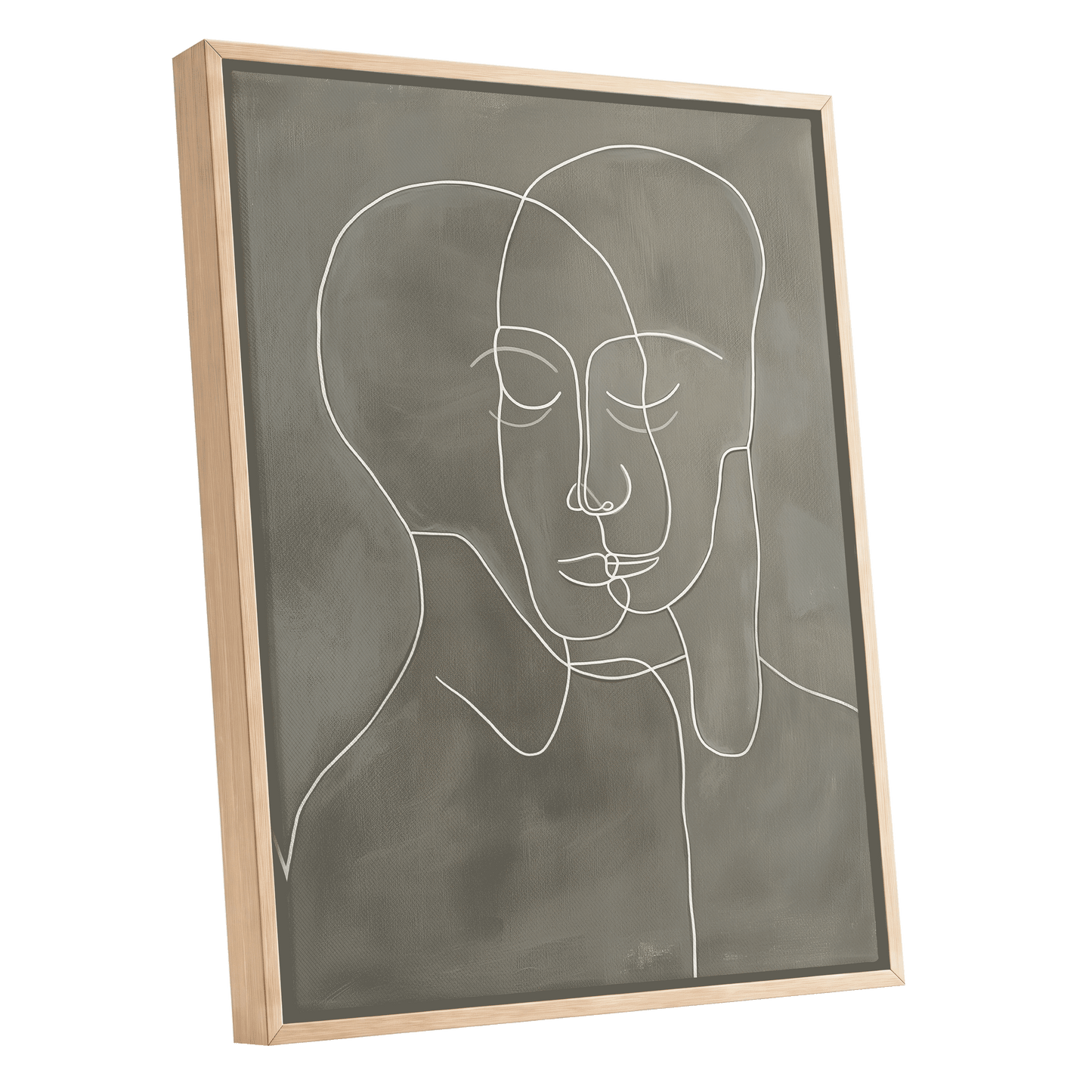 Quiet Entwined, white, gray minimalist wall art shown as a oak framed canvas wall art
