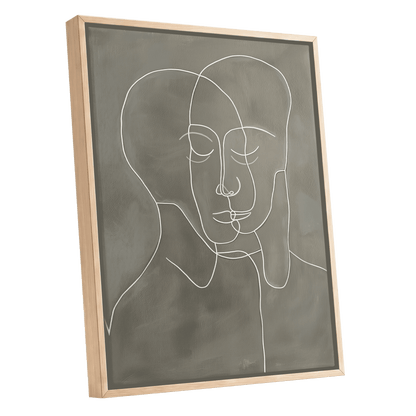 Quiet Entwined, white, gray minimalist wall art shown as a oak framed canvas wall art
