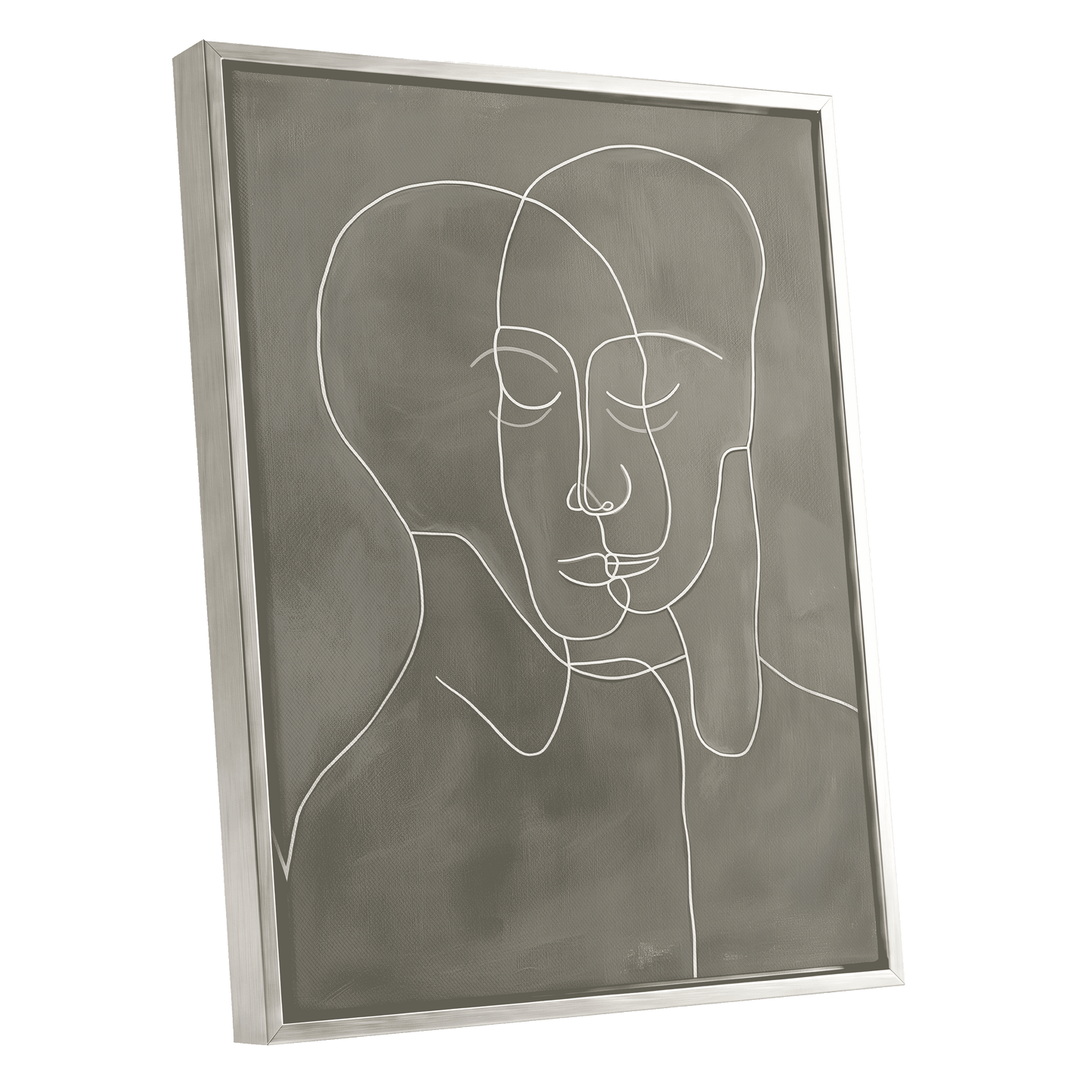 Quiet Entwined, white, gray minimalist wall art shown as a silver framed canvas wall art