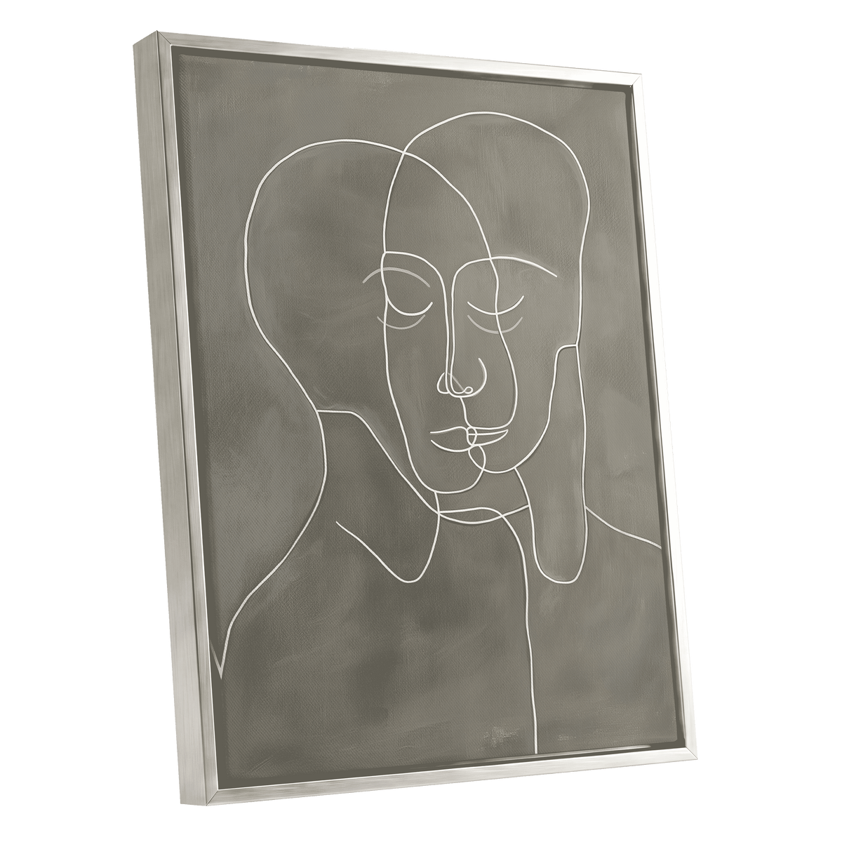 Quiet Entwined, white, gray minimalist wall art shown as a silver framed canvas wall art