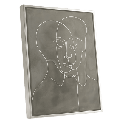 Quiet Entwined, white, gray minimalist wall art shown as a silver framed canvas wall art