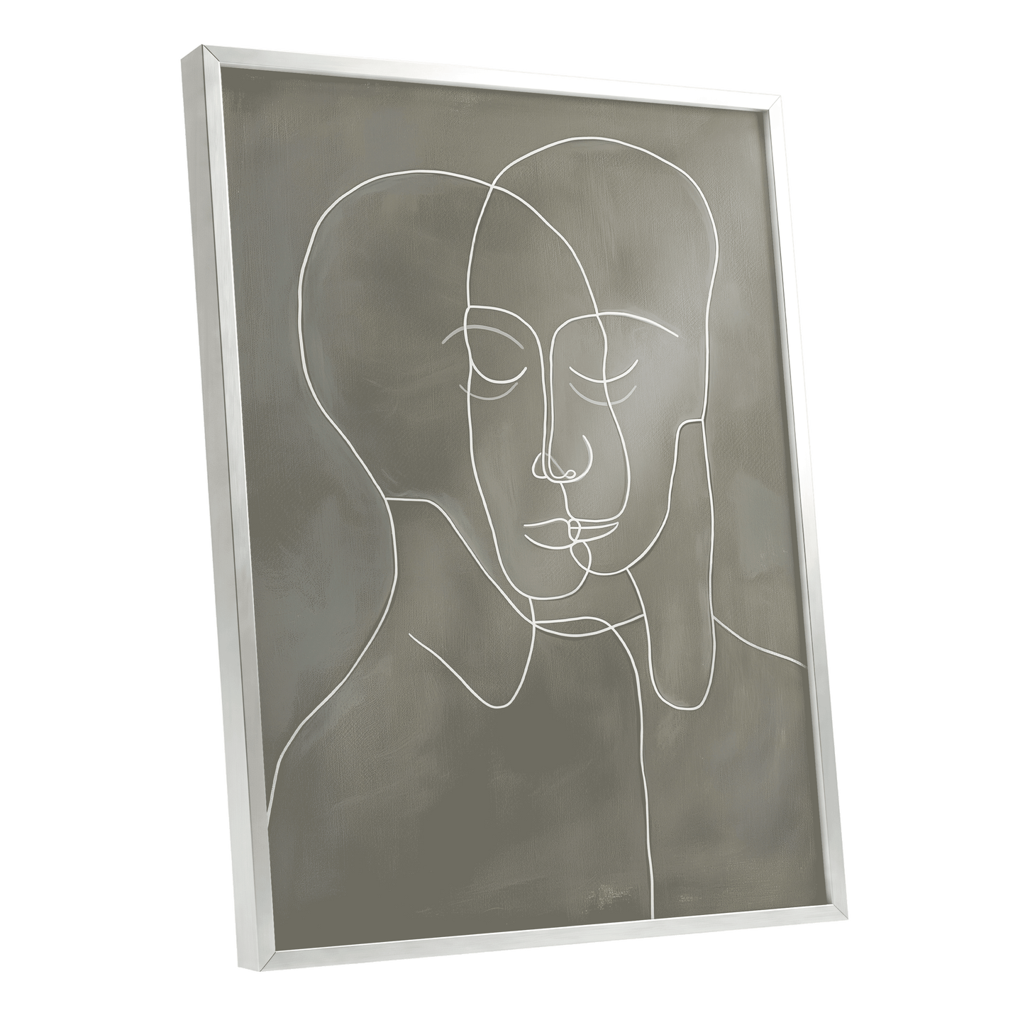 Quiet Entwined, white, gray minimalist wall art shown as a silver framed poster wall art print
