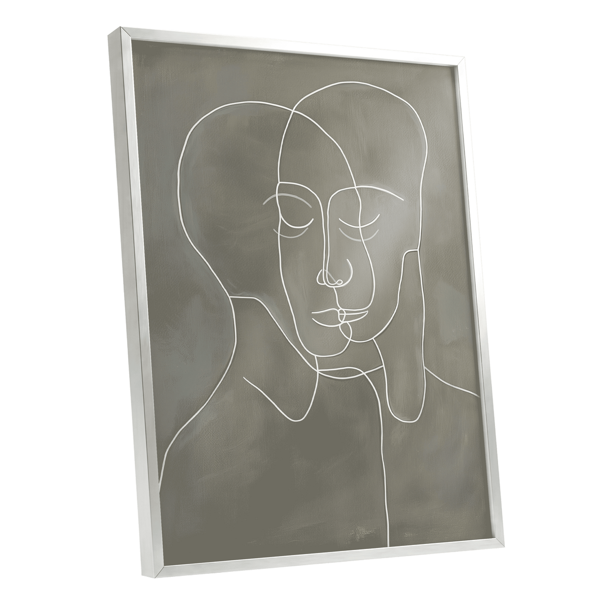 Quiet Entwined, white, gray minimalist wall art shown as a silver framed poster wall art print