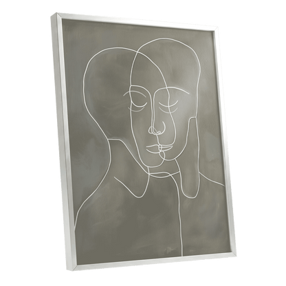 Quiet Entwined, white, gray minimalist wall art shown as a silver framed poster wall art print