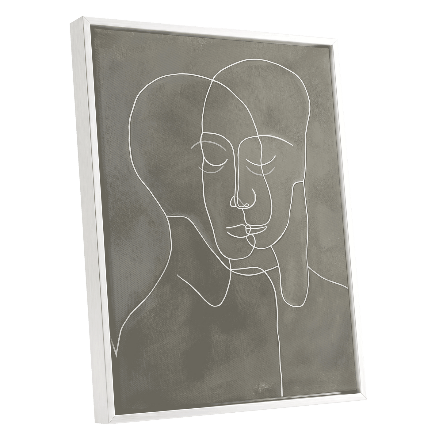 Quiet Entwined, white, gray minimalist wall art shown as a white framed canvas wall art