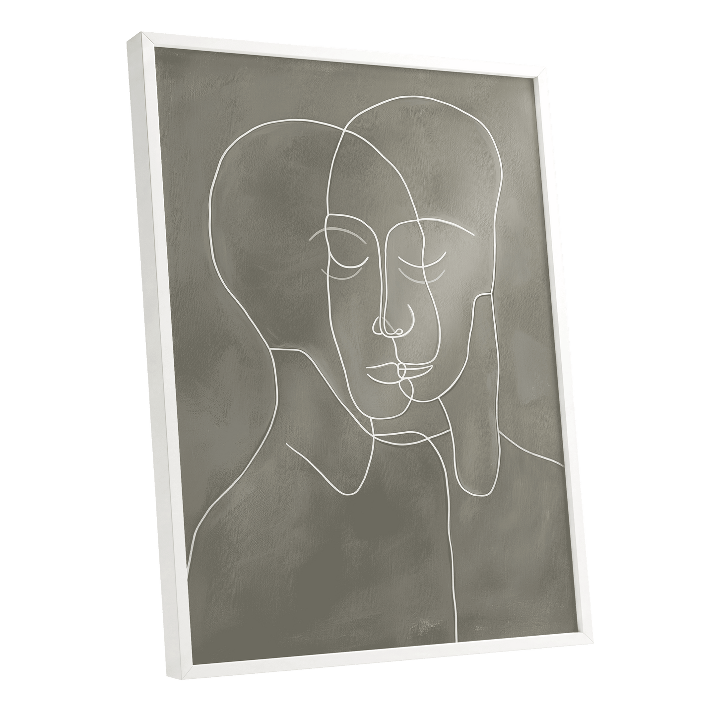 Quiet Entwined, white, gray minimalist wall art shown as a white framed poster wall art print