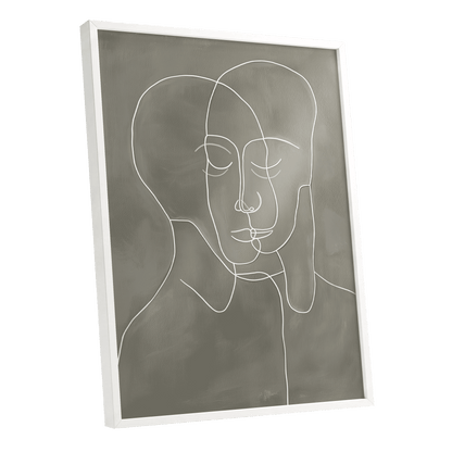 Quiet Entwined, white, gray minimalist wall art shown as a white framed poster wall art print
