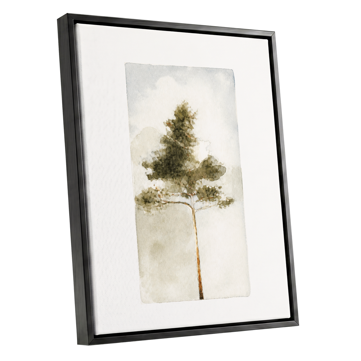 Quiet Evergreen, green, beige, white nature wall art shown as a black framed canvas wall art