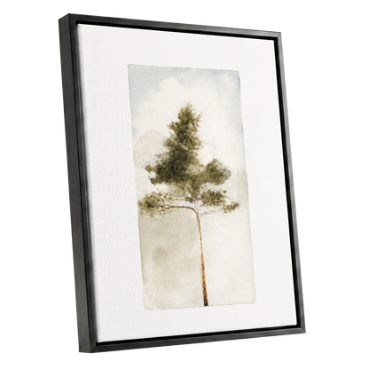 Quiet Evergreen, green, beige, white nature wall art shown as a black framed canvas wall art