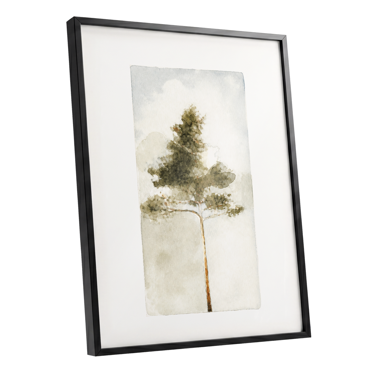 Quiet Evergreen, green, beige, white nature wall art shown as a black framed poster wall art print