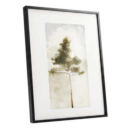 Quiet Evergreen, green, beige, white nature wall art shown as a black framed poster wall art print