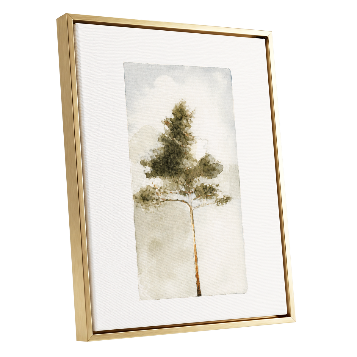 Quiet Evergreen, green, beige, white nature wall art shown as a gold framed canvas wall art