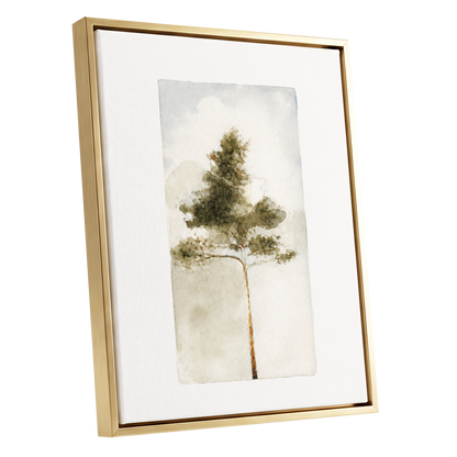 Quiet Evergreen, green, beige, white nature wall art shown as a gold framed canvas wall art