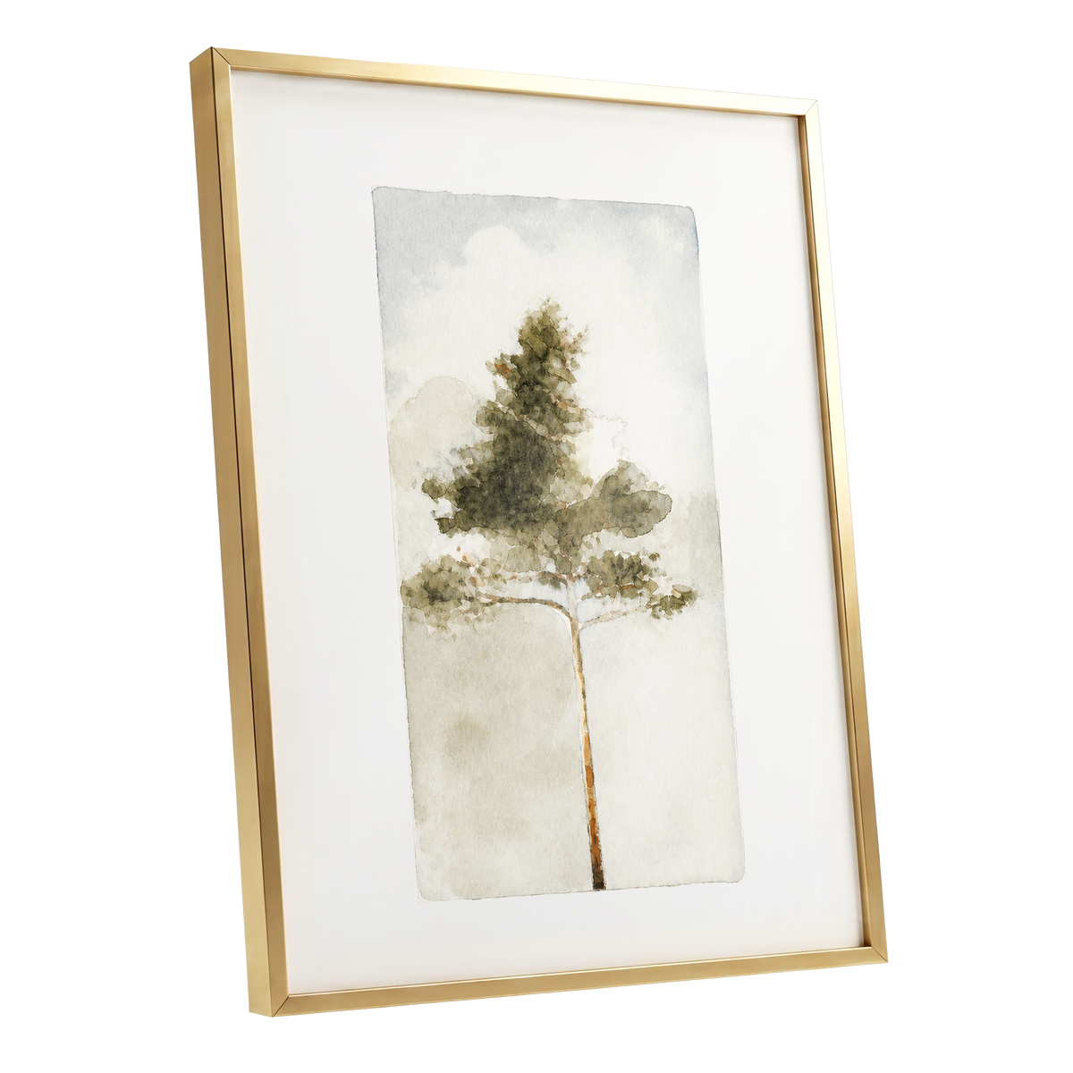 Quiet Evergreen, green, beige, white nature wall art shown as a gold framed poster wall art print