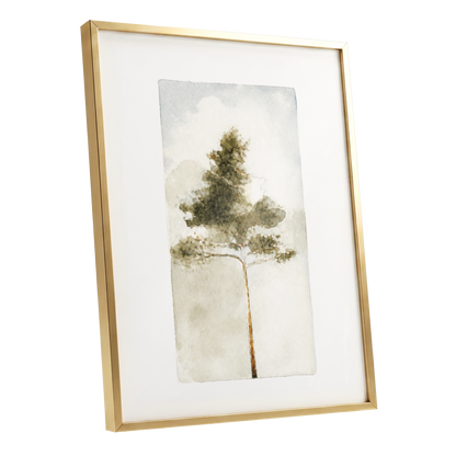 Quiet Evergreen, green, beige, white nature wall art shown as a gold framed poster wall art print