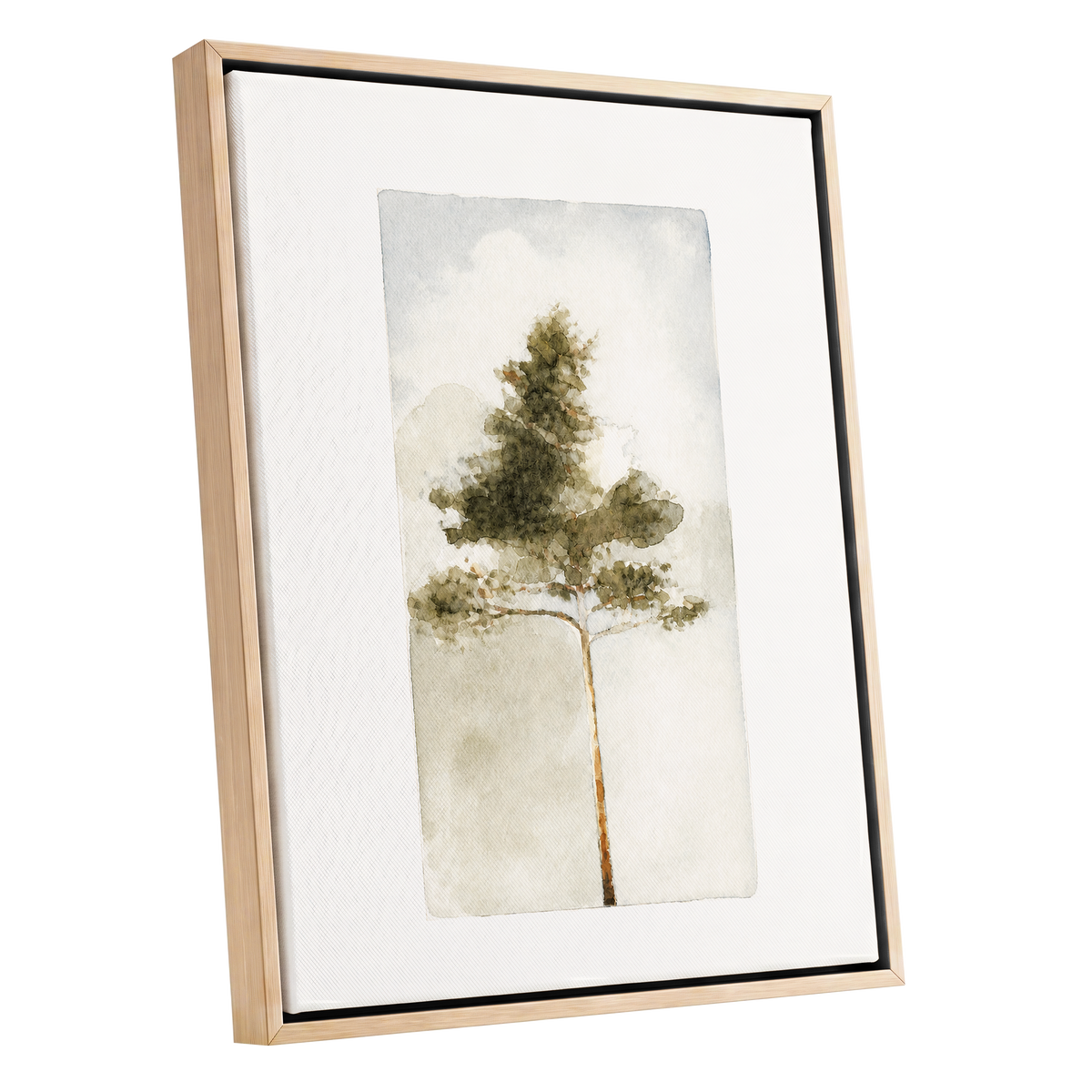 Quiet Evergreen, green, beige, white nature wall art shown as a oak framed canvas wall art