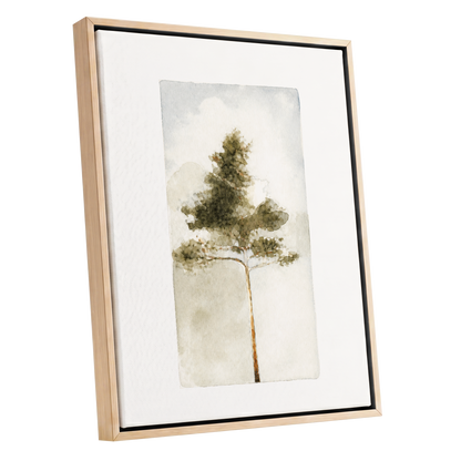 Quiet Evergreen, green, beige, white nature wall art shown as a oak framed canvas wall art