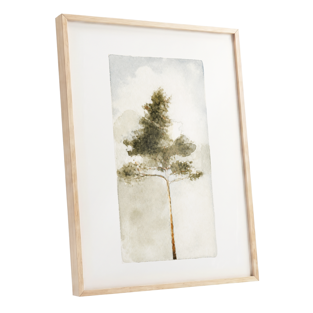 Quiet Evergreen, green, beige, white nature wall art shown as a oak framed poster wall art print