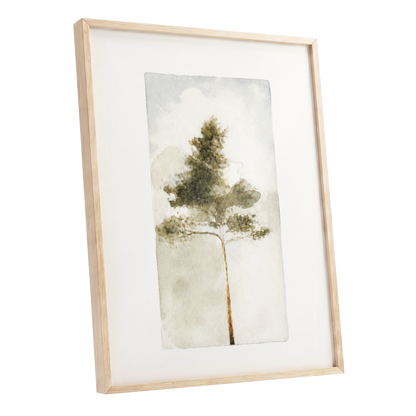 Quiet Evergreen, green, beige, white nature wall art shown as a oak framed poster wall art print