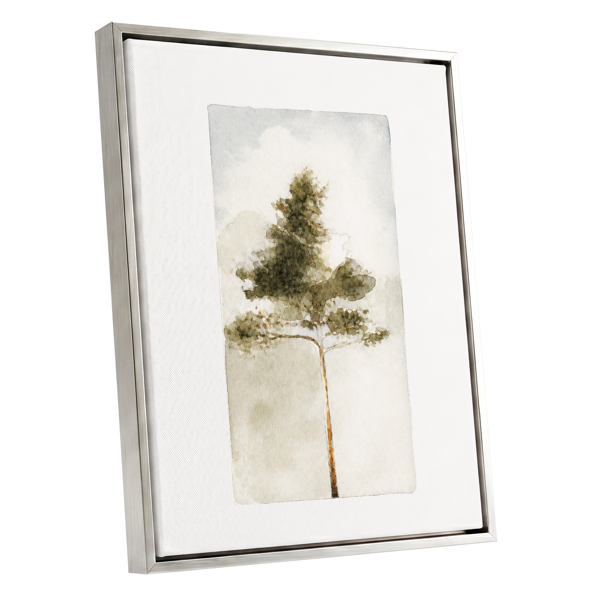 Quiet Evergreen, green, beige, white nature wall art shown as a silver framed canvas wall art