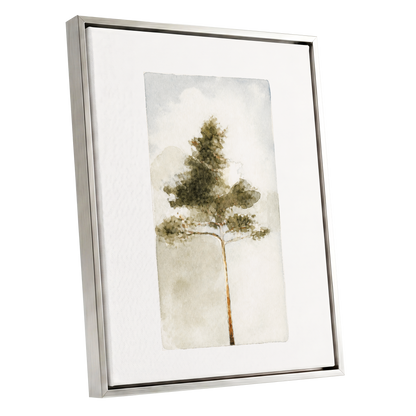 Quiet Evergreen, green, beige, white nature wall art shown as a silver framed canvas wall art
