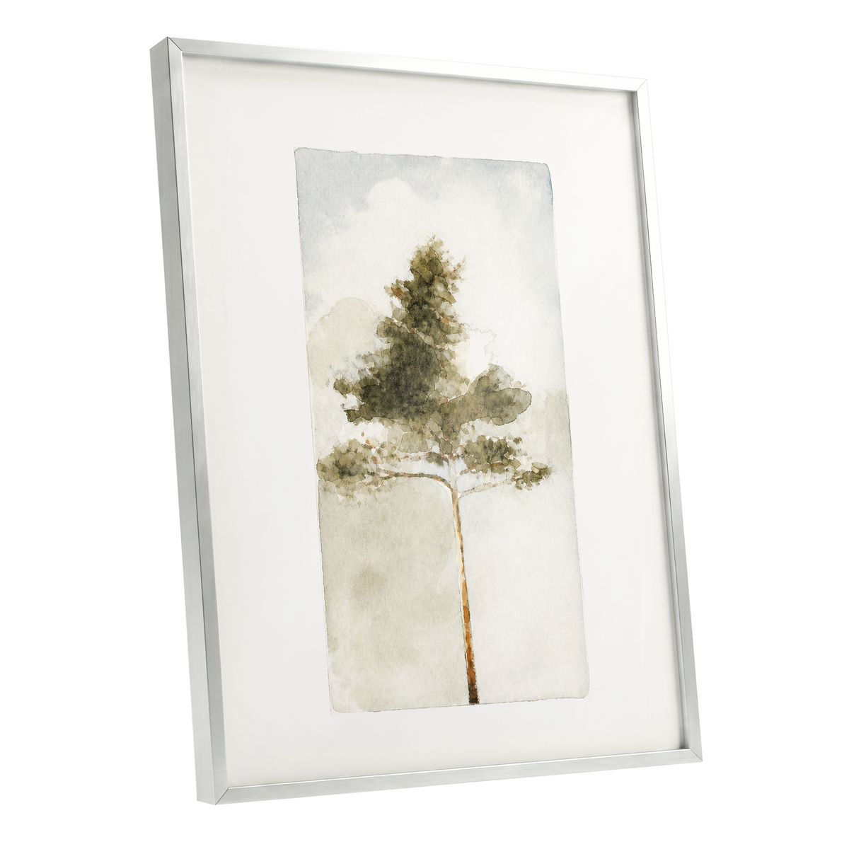Quiet Evergreen, green, beige, white nature wall art shown as a silver framed poster wall art print