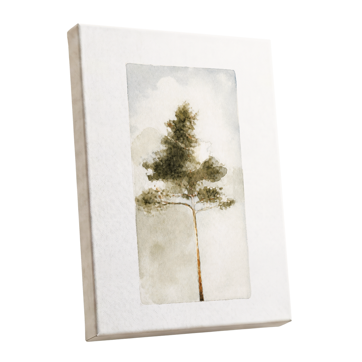 Quiet Evergreen, green, beige, white nature wall art shown as a stretched canvas wall art